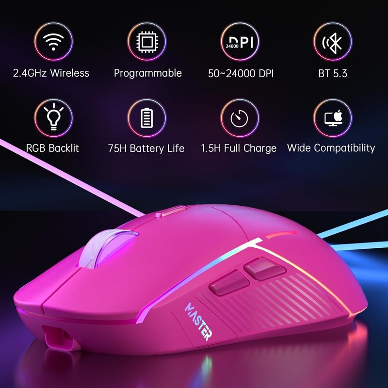 FFJ Wireless Gaming Mouse, 24000 DPI, Tri-Mode 2.4G/USB-C/Bluetooth 5.3 Gaming Mouse Wireless, RGB Programmable Mouse Gamer, 75Hrs Battery Life, Rechargeable Gaming Mice for PC, Mac, PS5, Xbox-Magenta - Image 2